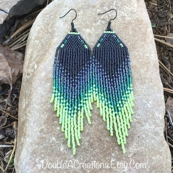 𝅺Black and Lime Green Beaded Earrings with Fringe, New, Handmade by Me - Picture 9 of 11